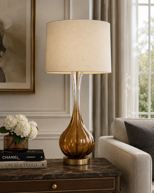 Duża lampa stołowa szklana Amber Glass 80 cm szklana podstawa abażur 100% len