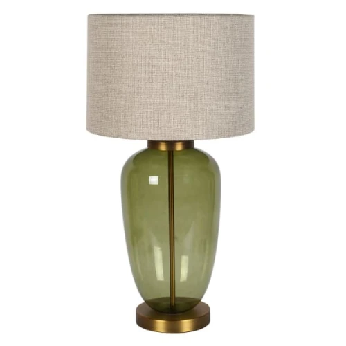 Lampa stołowa Glass Basil 75 cm – zielone szkło, złote detale i lniany abażur