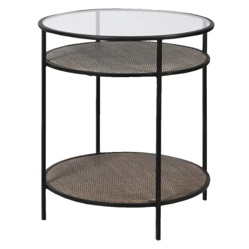 Okrągły stolik boczny Lyall Wicker 63 cm szkło i półka z wikliny 