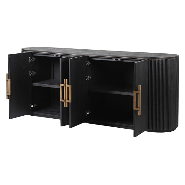 Otwarta czarna komoda ryflowana Nero Ribbed 200 cm z wewnętrznymi półkami