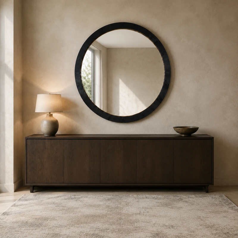 Duże okrągłe lustro Sloane 152 cm nad ciemną komodą w eleganckim wnętrzu