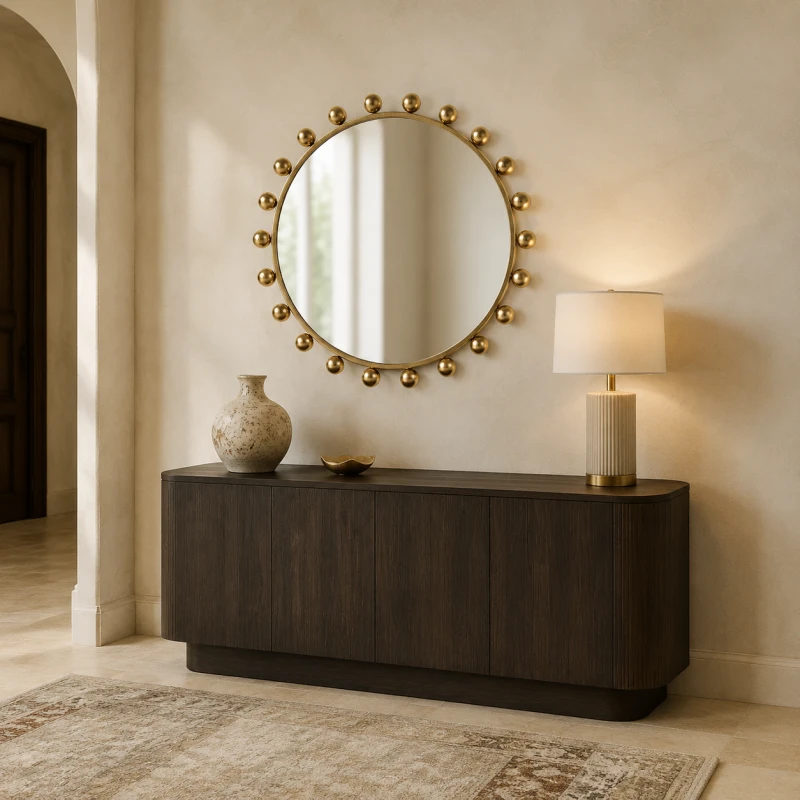 Lustro Bubble Gold z dekoracyjną złotą ramą w aranżacji modern classic