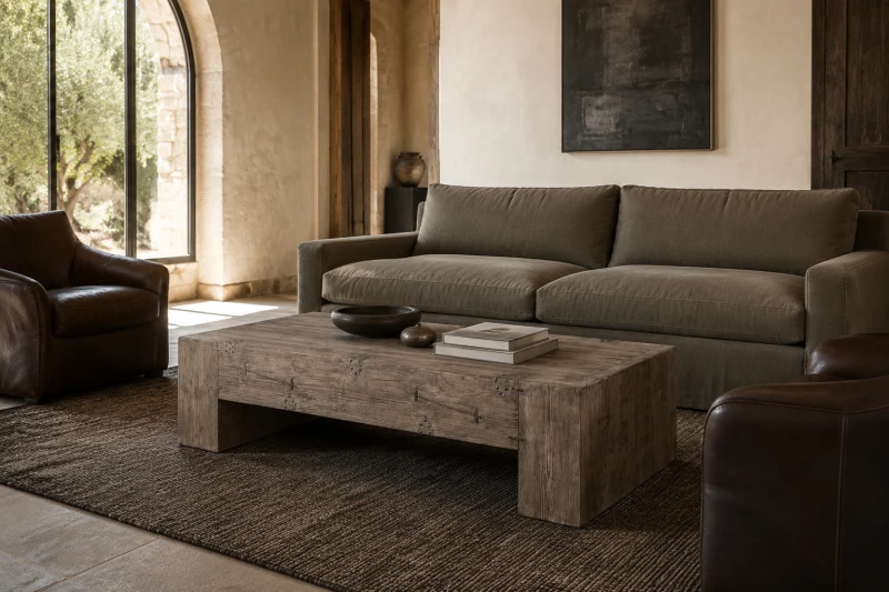 Stolik kawowy z drewna z odzysku Tuscany 160 × 80 cm w luksusowym salonie w stylu śródziemnomorskim