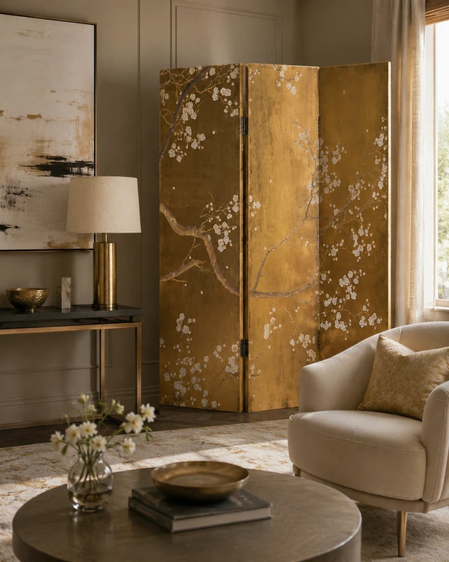 Parawan Golden Blossom 3-panelowy z motywem kwiatowym