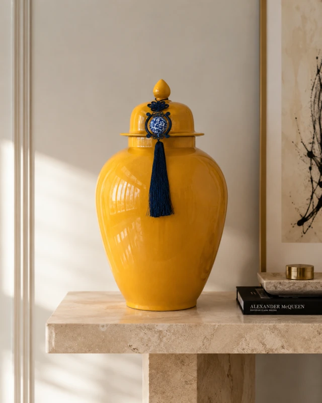Pojemnik Ceramiczny amfora Chesham Yellow 56 cm ceramika żółta waza pojemnik z pokrywą