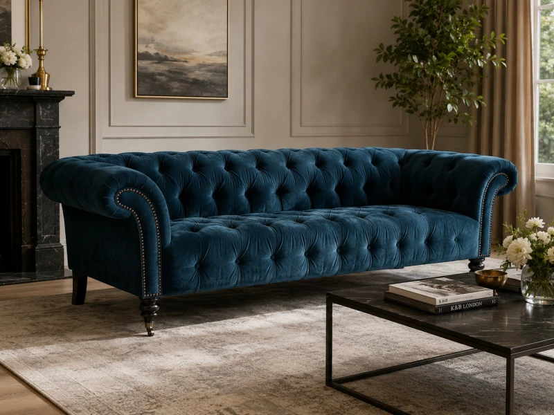 Niebieska sofa Luxury 225 cm w stylu Chesterfield