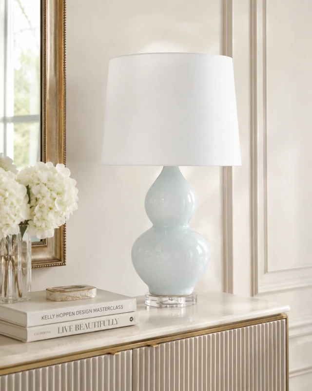 Błękitna porcelanowa lampa stołowa Aurora II z białym abażurem