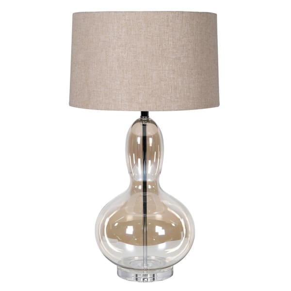 Duża szklana lampa stołowa Langham z naturalnym lnianym abażurem