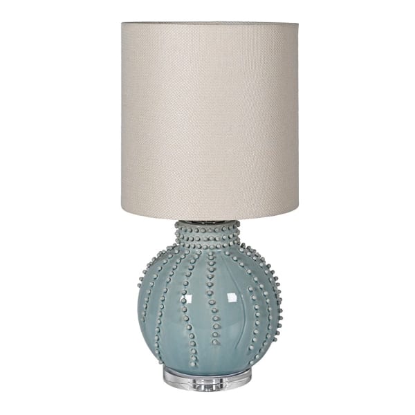 Lampa stołowa Regent Blue 73 cm z pastelową ceramiczną podstawą i lnianym abażurem