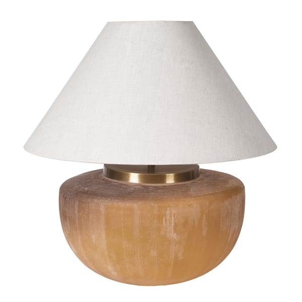 Duża lampa stołowa Apsley 68 cm z ręcznie zdobioną szklaną podstawą i lnianym abażurem