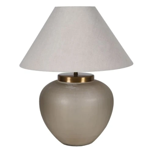 Lampa stołowa Fritzovia S 67 cm – przydymione szkło, mosiądz i len