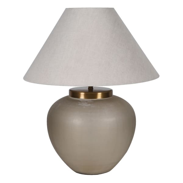 Lampa stołowa Fritzovia S 67 cm z przydymioną szklaną podstawą i lnianym abażurem