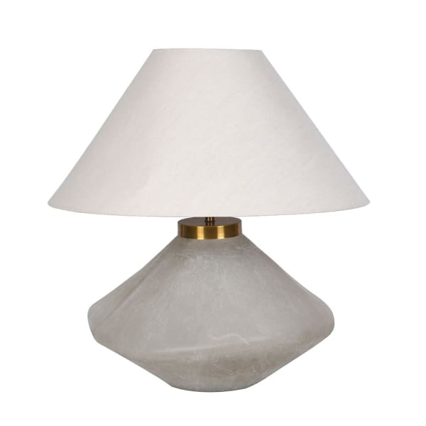 Lampa stołowa Potli S 70 cm z organiczną podstawą z ręcznie ciętego szkła i lnianym abażurem