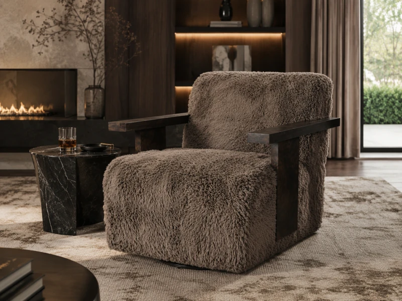 Brązowy fotel obrotowy Portobello ustawiony w eleganckim salonie premium