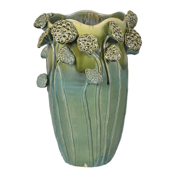 Zielony wazon ceramiczny Lotus 51 cm z przestrzennym motywem główek nasiennych lotosu