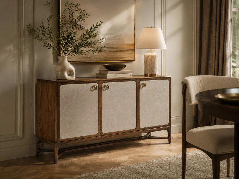 Komoda Enford z lnianymi frontami w eleganckiej jadalni