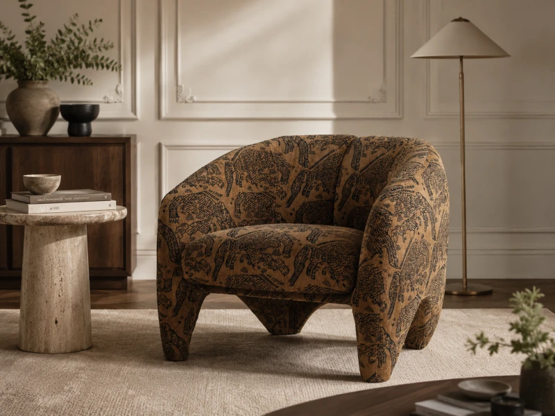 Fotel Bloomsbury z motywem zwierzęcym w eleganckim salonie