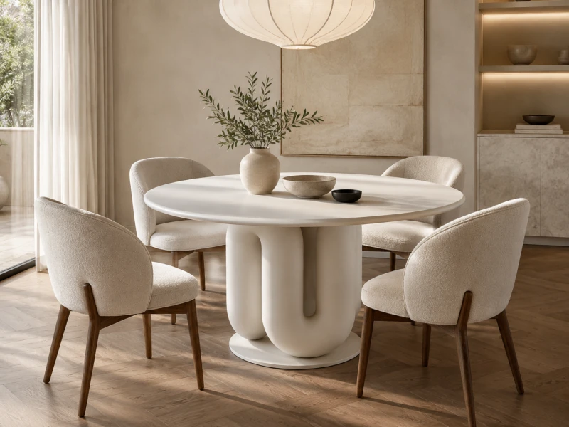 Biały okrągły stół Kew 135 cm w eleganckiej jadalni premium