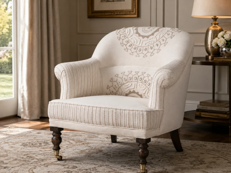 Fotel Embroidery Cream 75 cm wysokości bawełna drewno mango