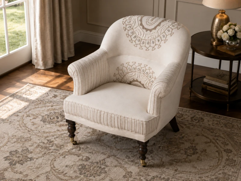 Fotel Embroidery Cream 75 cm wysokości bawełna drewno mango