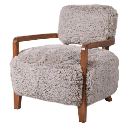 Fotel futrzany Hampstead 80 cm – jasna tapicerka faux fur i drewno jesionowe