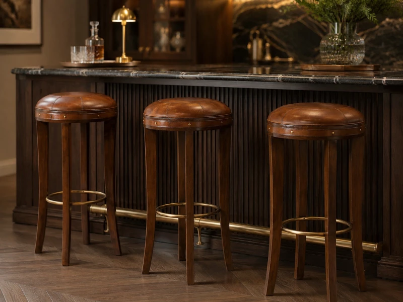 Skórzane hokery barowe Fitzrovia przy eleganckiej wyspie kuchennej