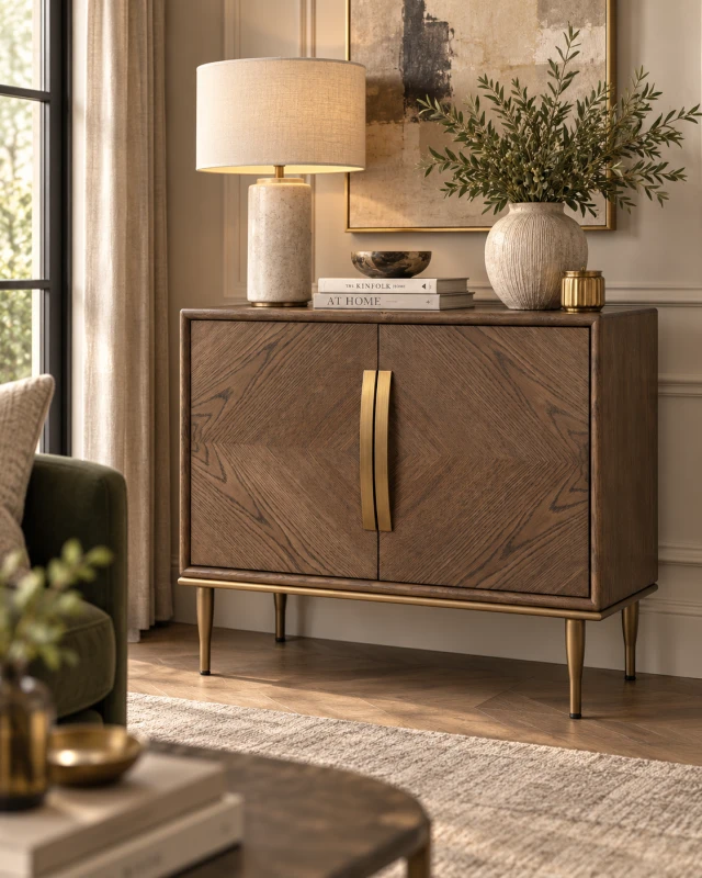 Komoda dębowa Ashbourne 93 cm w eleganckim salonie