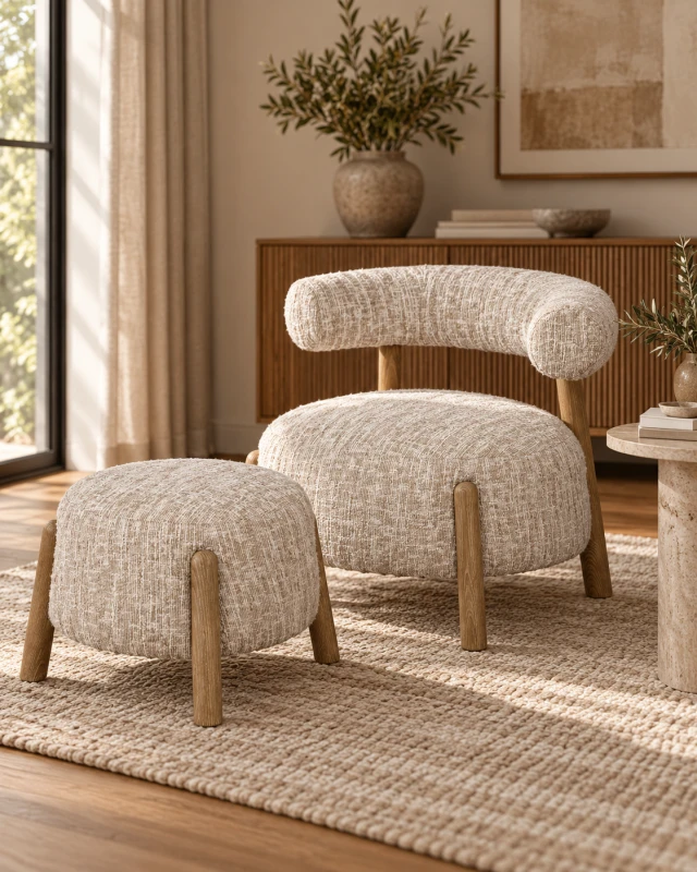 Fotel Belsize Bouclé 80 cm z dębową konstrukcją zestawiony z podnóżkiem