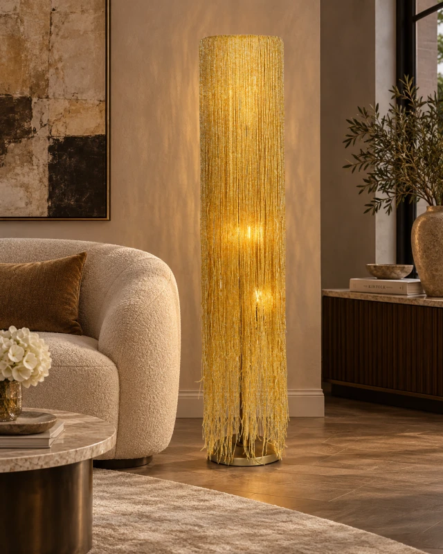 Boho Beads dekoracyjna lampa podłogowa w ciepłym złotym odcieniu