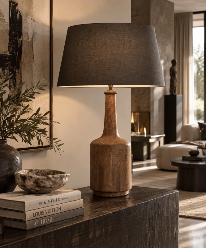 Lampa stołowa Wooden Fiador 78 cm drewno mango czarny bawełniany abażur