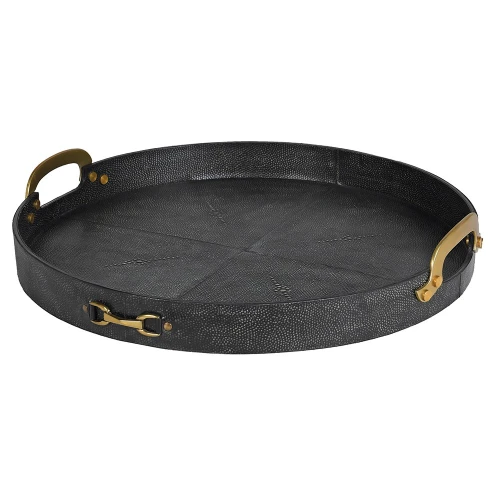 Taca dekoracyjna Eaton Black 51 cm – czarna skóra i złote uchwyty