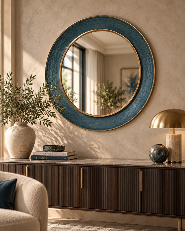 Okrągłe Lustro Ścienne Teal 88 cm średnicy niebieska żelazna rama