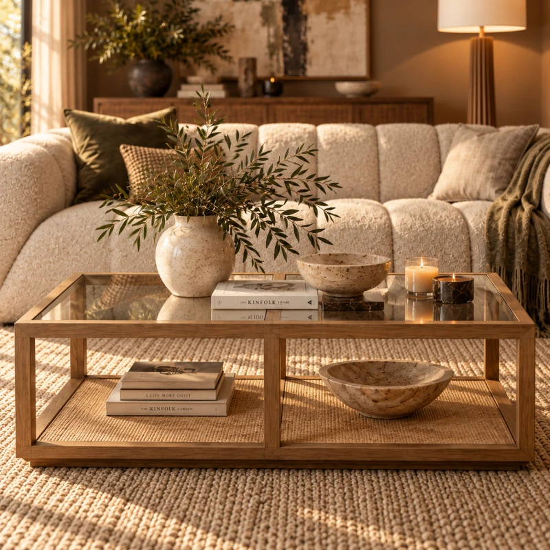 Drewniany stolik kawowy Oak Squares 150 cm szklany blat półka rattan