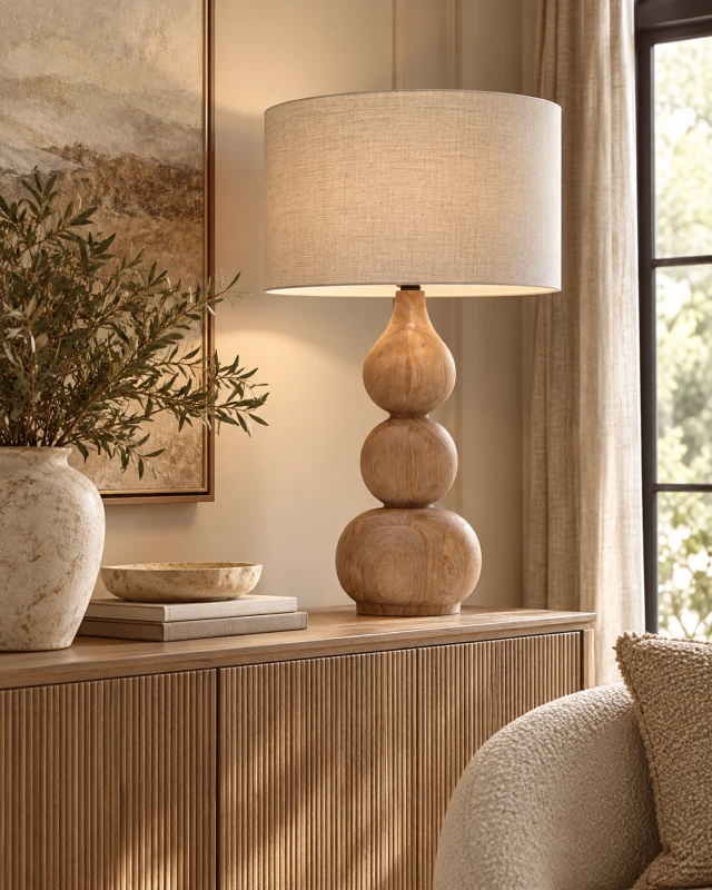 Duża lampa stołowa Wycliffe z drewna mango i lnianym abażurem na drewnianej komodzie w eleganckim salonie