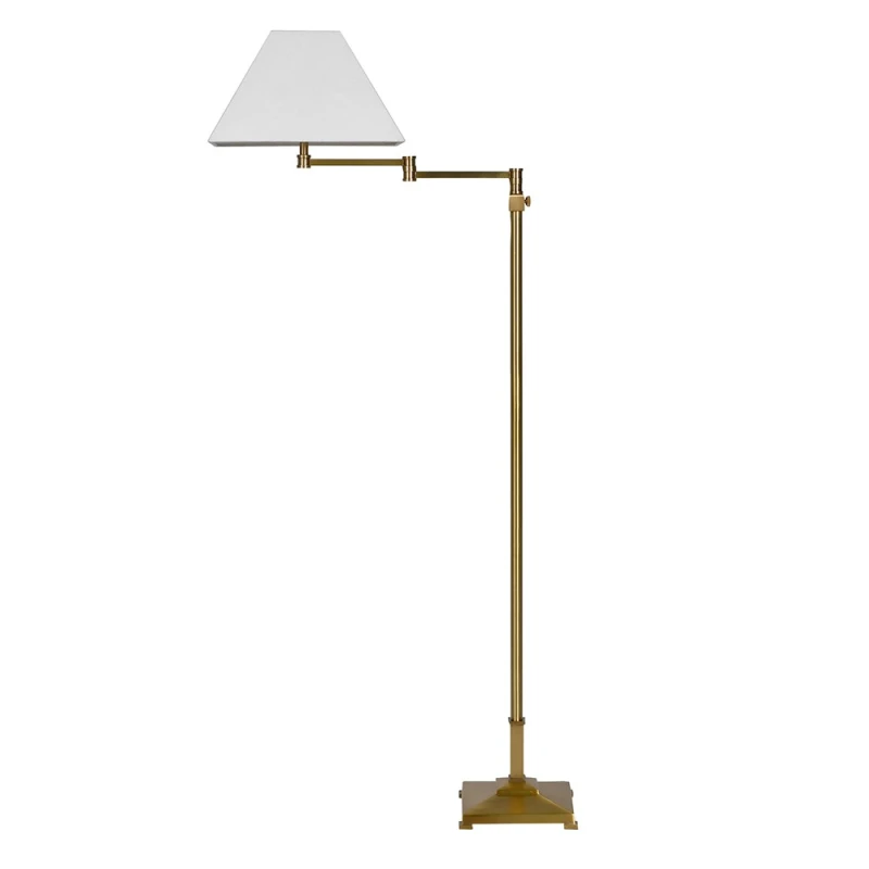 Mosiężna lampa podłogowa Bramwell Brass 143 cm z bocznym ramieniem i lnianym abażurem