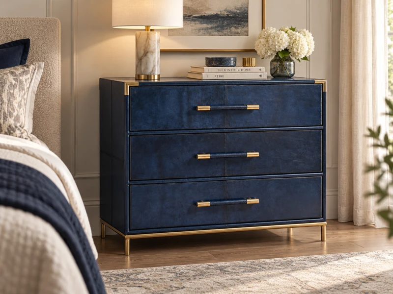 Komoda Eaton Blue granat złoto 87x100 cm trzy szuflady