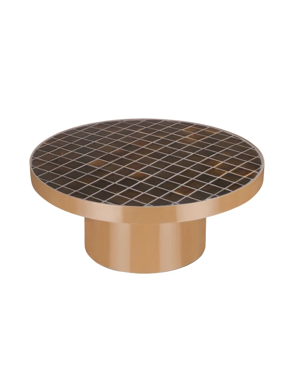 Okrągły stolik kawowy Navero Ceramic 71 cm z brązową mozaiką i złotą podstawą