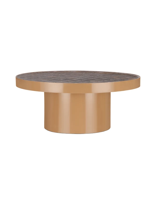 Niski stolik kawowy Navero Ceramic z okrągłym blatem i cylindryczną metalową podstawą