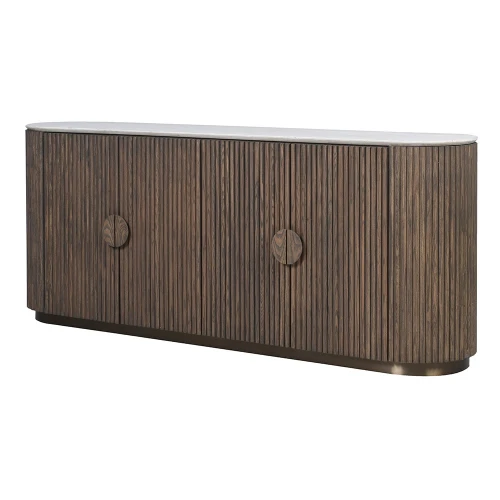 Komoda Ryflowana Ashford 193 cm – Ciemne Drewno i Marmurowy Blat