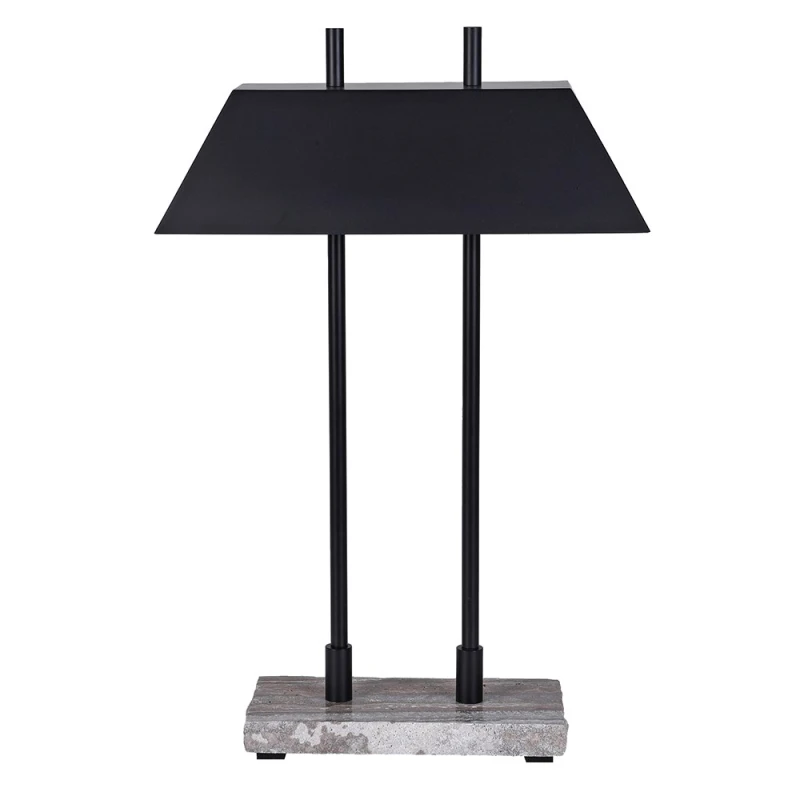Nowoczesna lampa stołowa z czarnym geometrycznym abażurem i dwoma metalowymi wspornikami