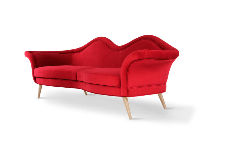 Designerska sofa Jeane od Ottiu aksamit usta mosiężne nóżki 252x83x86 cm