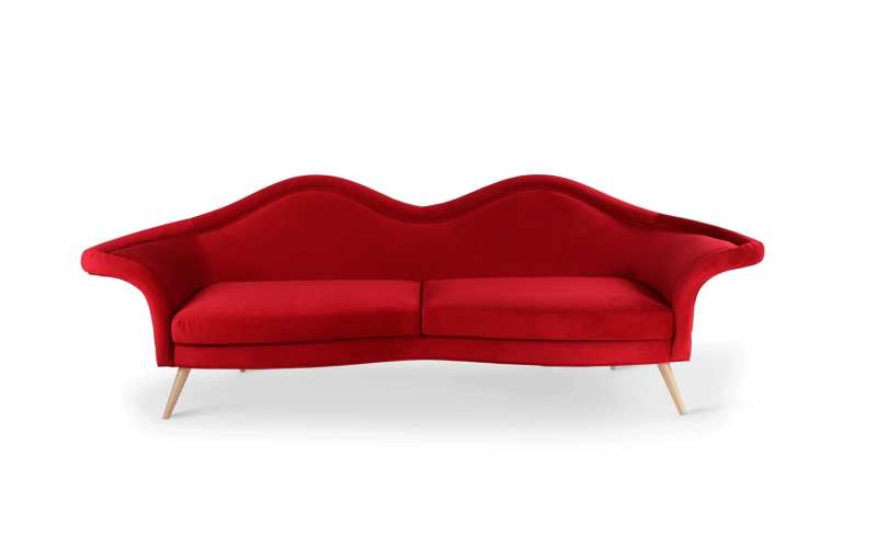 Designerska sofa Jeane od Ottiu aksamit usta mosiężne nóżki 252x83x86 cm