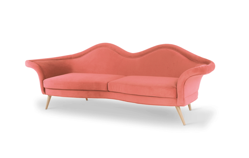 Designerska sofa Jeane od Ottiu aksamit usta mosiężne nóżki 252x83x86 cm
