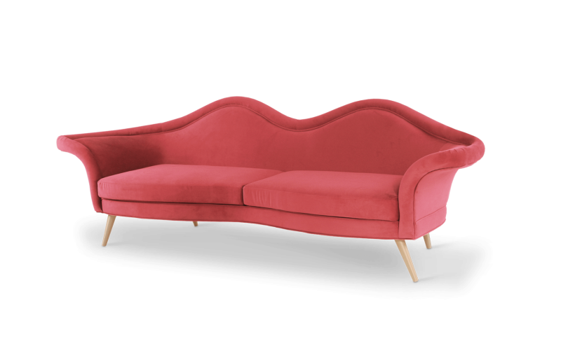 Designerska sofa Jeane od Ottiu aksamit usta mosiężne nóżki 252x83x86 cm