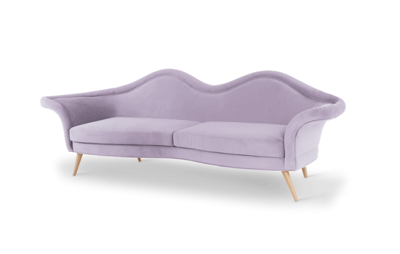Designerska sofa Jeane od Ottiu aksamit usta mosiężne nóżki 252x83x86 cm