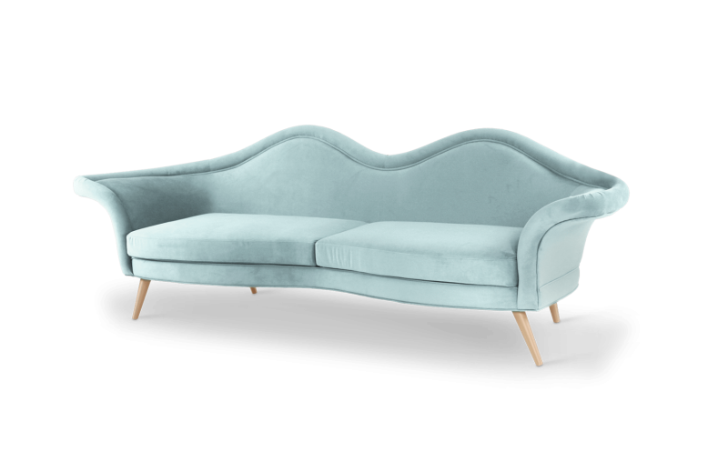 Designerska sofa Jeane od Ottiu aksamit usta mosiężne nóżki 252x83x86 cm