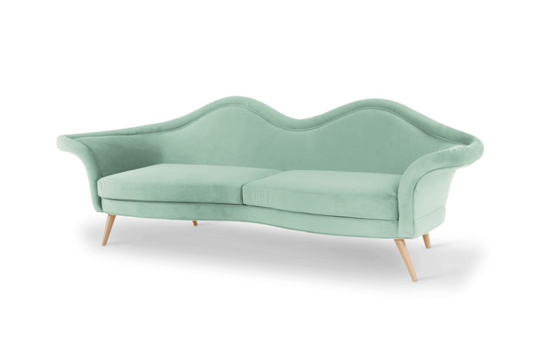 Designerska sofa Jeane od Ottiu aksamit usta mosiężne nóżki 252x83x86 cm