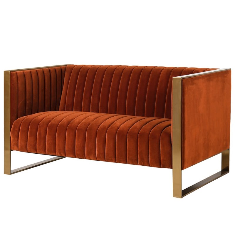 Ekskluzywna aksamitna sofa pomarańczowa ze stalową złotą ramą – design premium