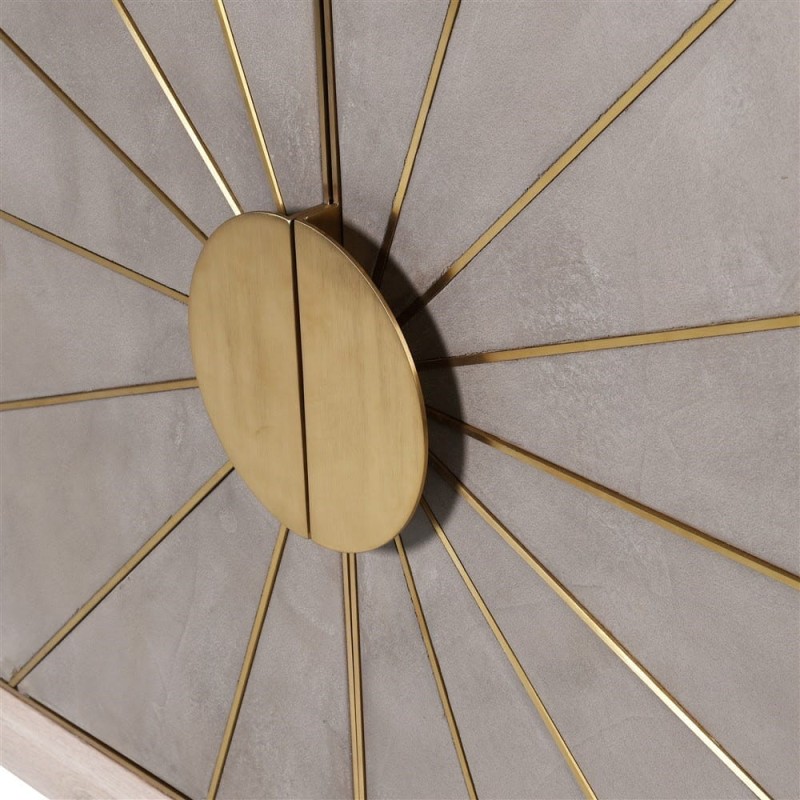 Komoda Eaton 98x200 cm czterodrzwiowa dąb stalowe złote zdobienie