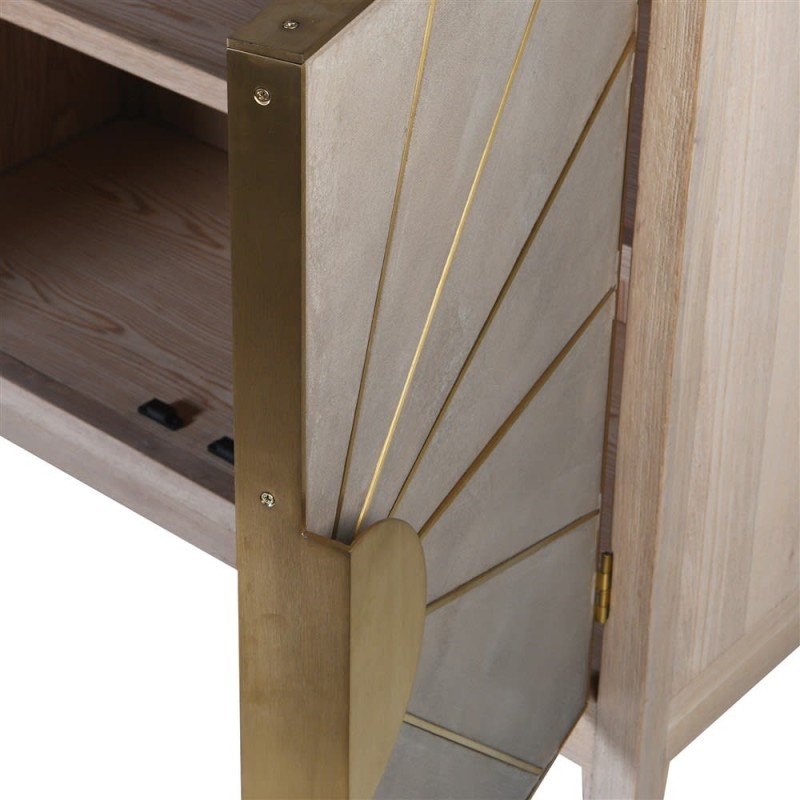 Komoda Eaton 98x200 cm czterodrzwiowa dąb stalowe złote zdobienie